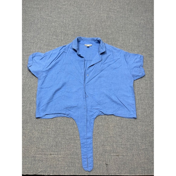 Jules & Leopold Tops - Jules & Leopold Blue Linen Blend Short Sleeve Tie Front Cropped Shirt Womens L